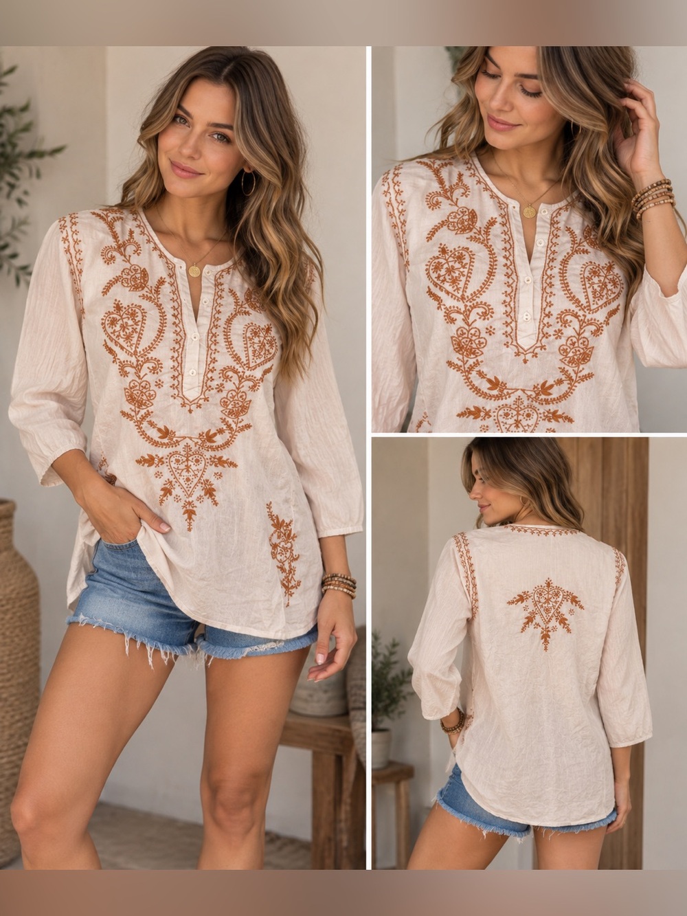 Matta Cream Tunic Boho Top with Brown Embroidery Size Small